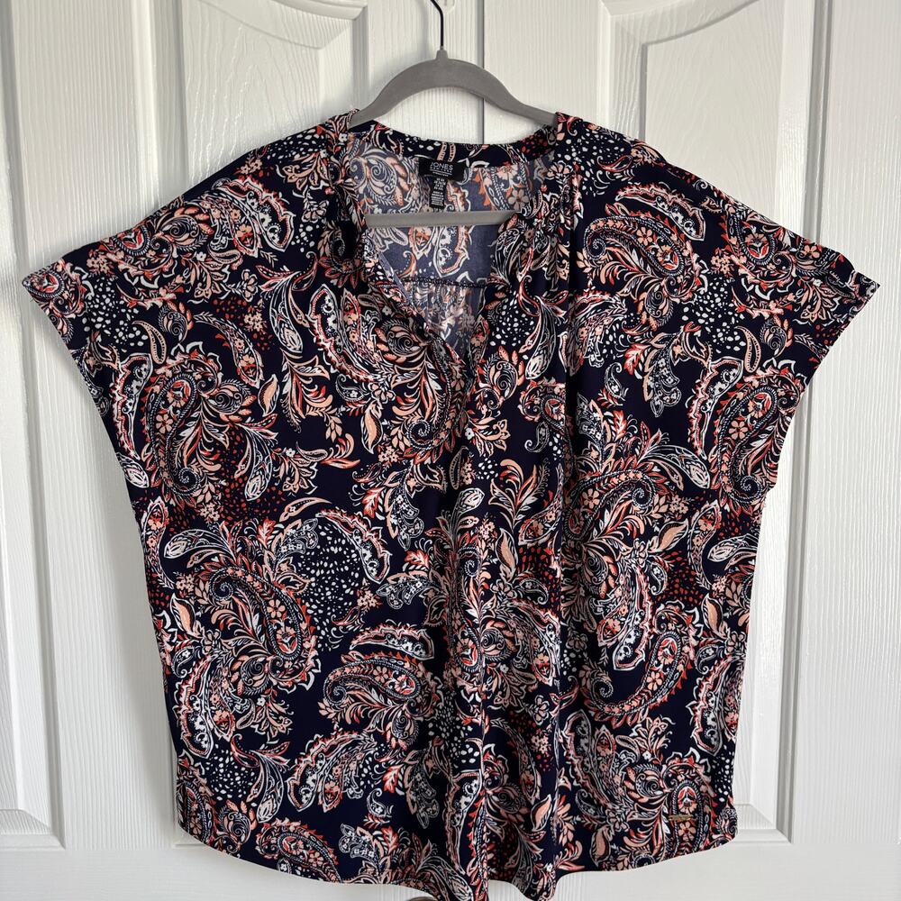 Jones New York Top 3X Nary Blue Red Paisley Cap Sleeve Stretch Curved Hem